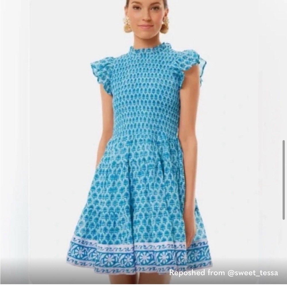 NWOT OLIPHANT FLIRTY AQUA SMOCKED PATTERN DRESS HIGH NECK RUFFLE COTTON medium